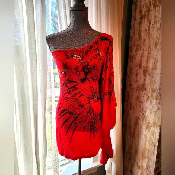 Express | Dresses | Express Red One Shoulder Cocktail Dress With Black  Print | Poshmark